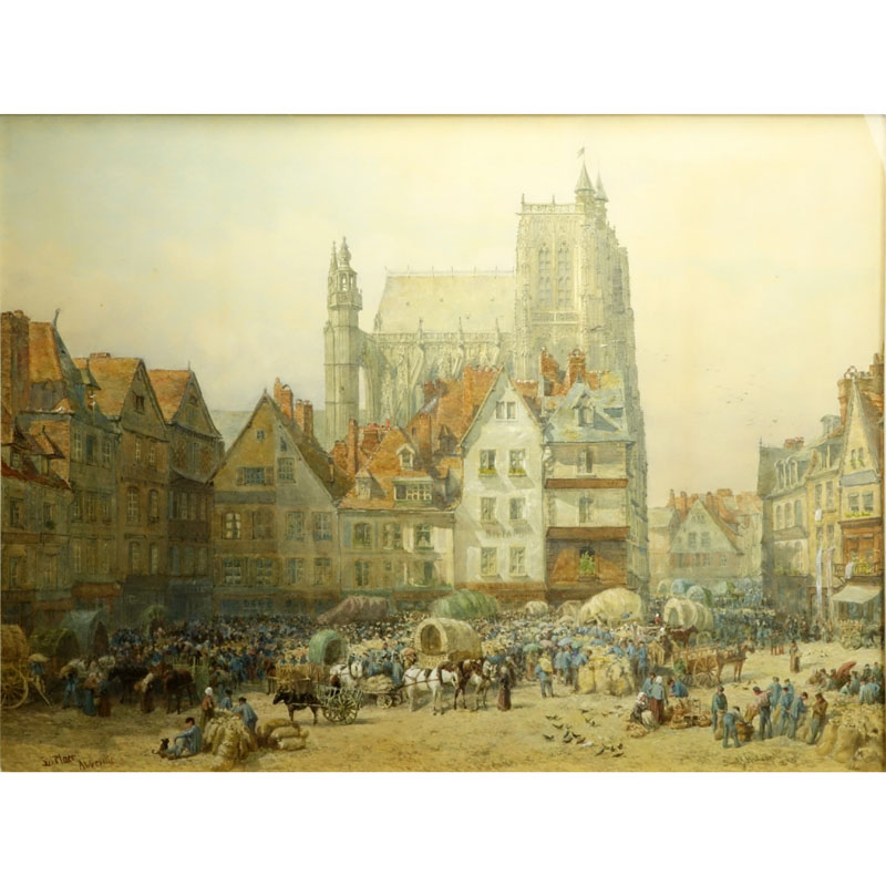 Samuel John Hodson, British (1836-1908) Watercolor on paper "La Place Abbeville" Signed lower right, titled lower left