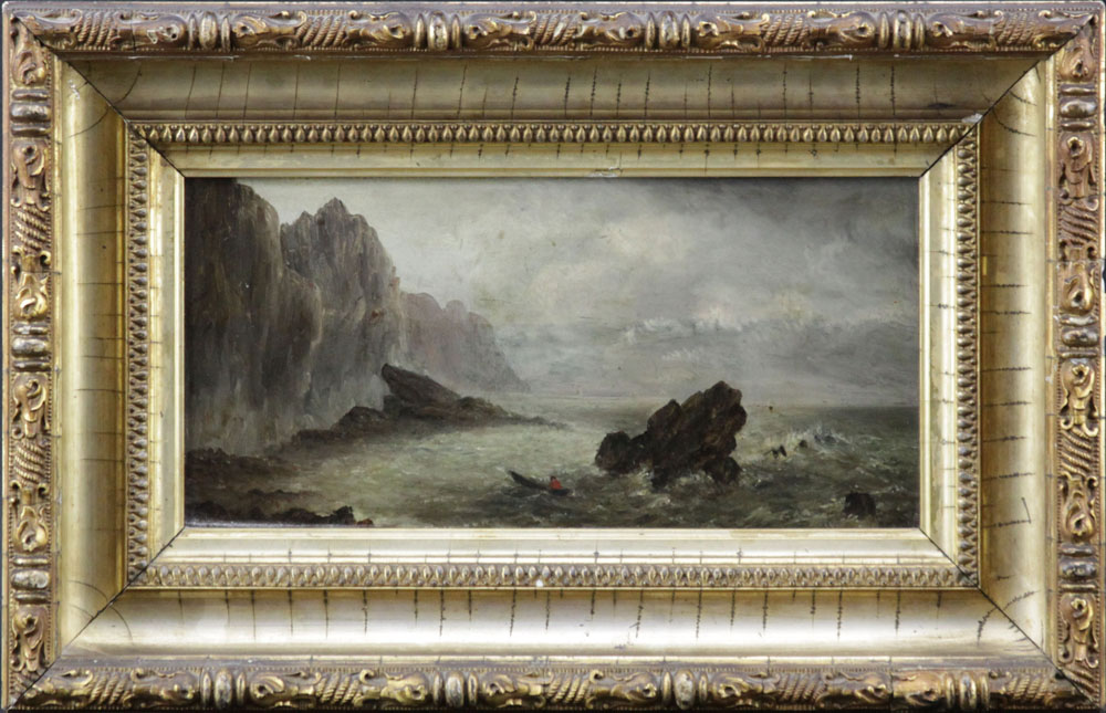 19th Century English School Oil on Wood Panel "Row Boat/Seascape with Rocks" Scene