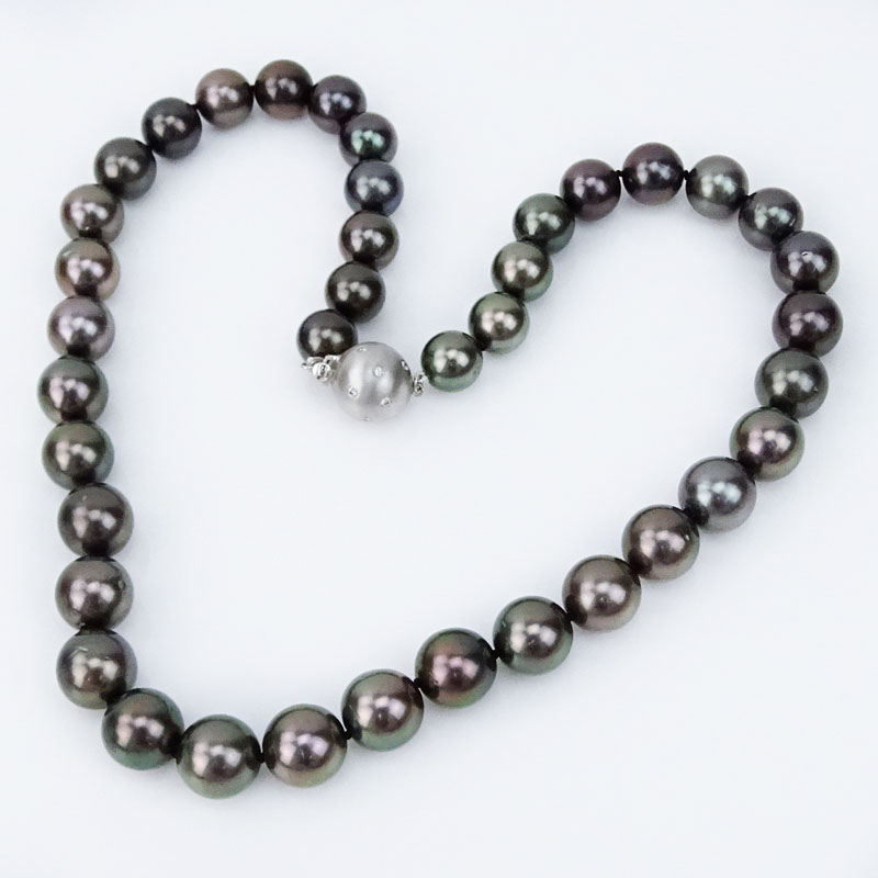 Single Strand Graduated Tahitian Grey Pearl Necklace with 14 Karat White Gold and Diamond Ball Clasp