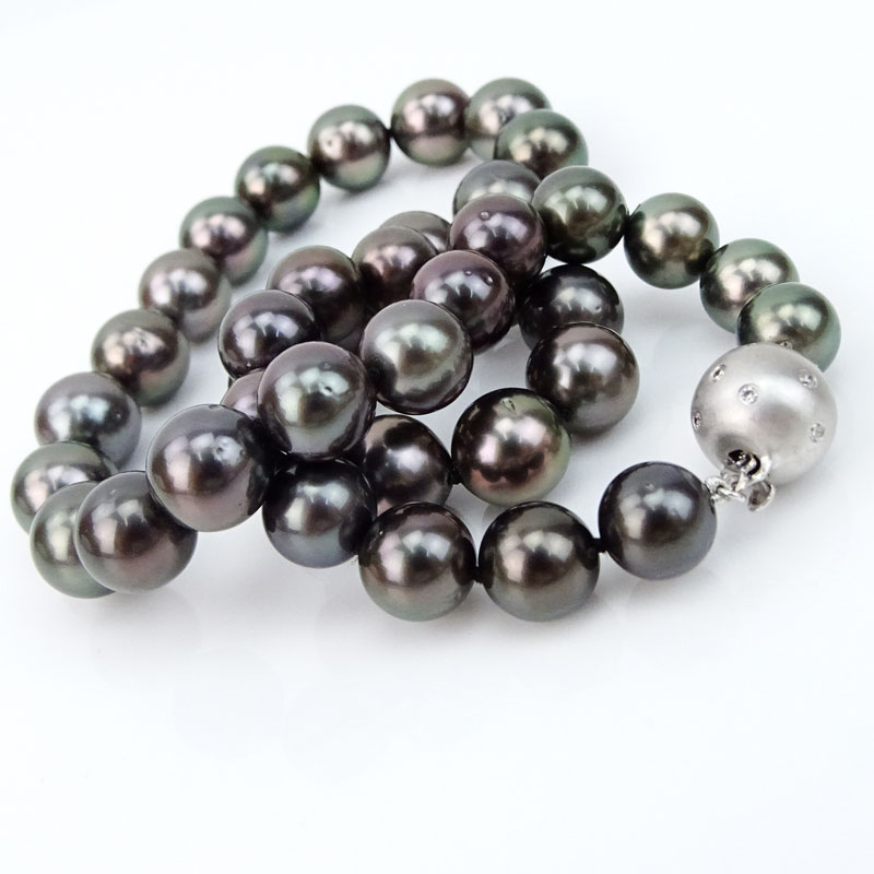 Single Strand Graduated Tahitian Grey Pearl Necklace with 14 Karat White Gold and Diamond Ball Clasp