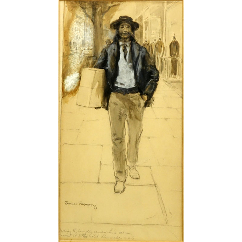 Thomas Fogarty, American  (1873-1938) "Man with Bundle" Watercolor and Gouache on Paper Signed Lower Left