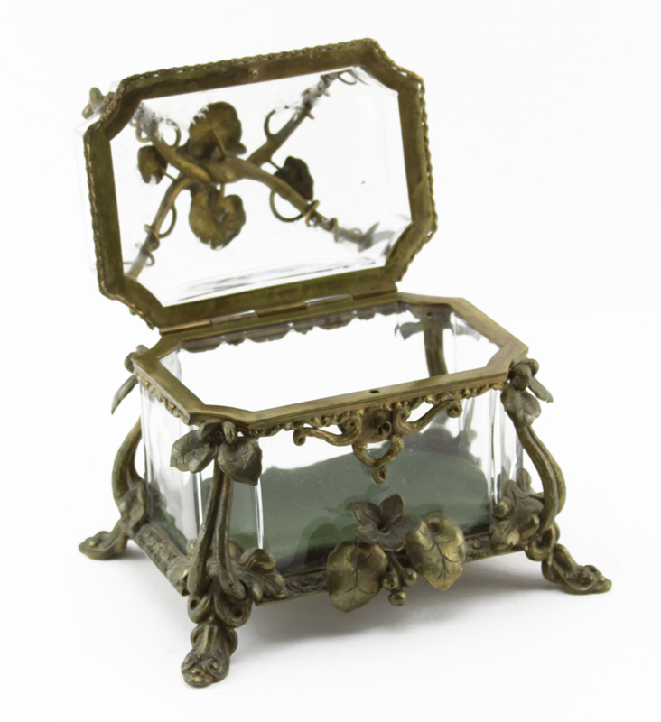 Antique Bronze and Etched Crystal Jewelry Casket