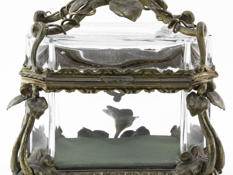 Antique Bronze and Etched Crystal Jewelry Casket