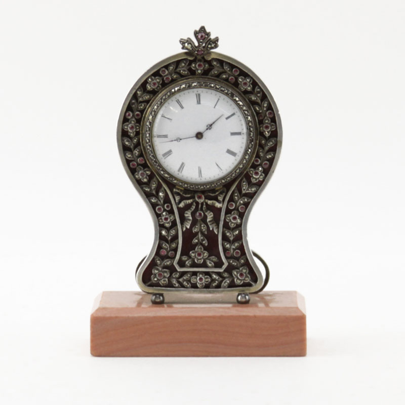 Antique Guilloche Enamel, Sterling Silver and Marcasite Desk Clock on Stone Base