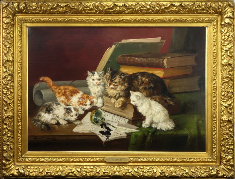 Alfred Arthur Brunel de Neuville, French (1852-1941) Oil on canvas "Mischievous Kittens"