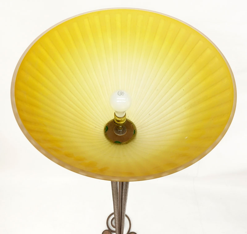 Art Deco Daum Nancy Glass Lampshade on Art Deco Style Torchiere Hand Forged Iron Base