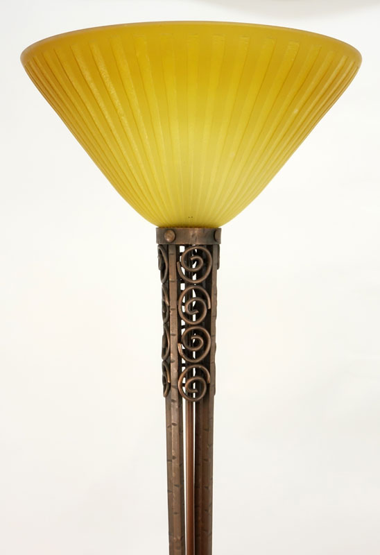 Art Deco Daum Nancy Glass Lampshade on Art Deco Style Torchiere Hand Forged Iron Base