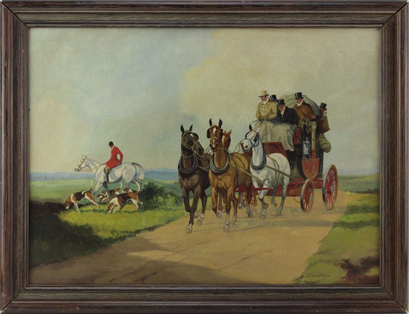 After: Charles Cooper Henderson , British (1803-1877) Oil painting on canvas" Mail Coach" Signed lower right