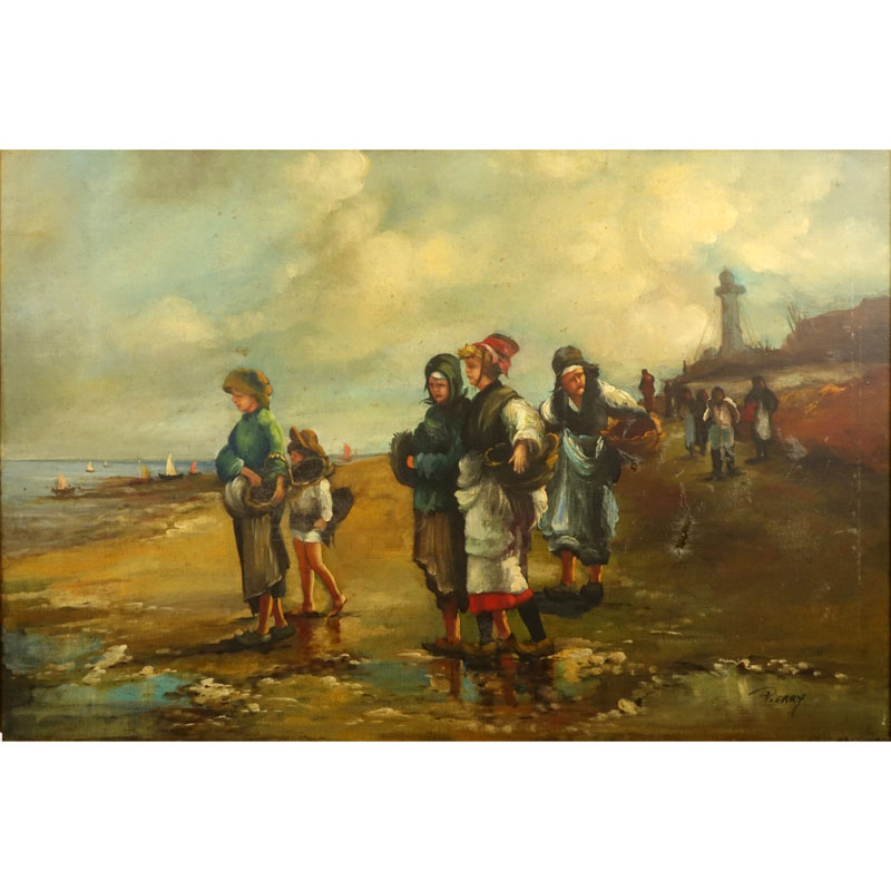 Pierry (20th Century) Oil On Canvas "Dutch Women On The Shore"