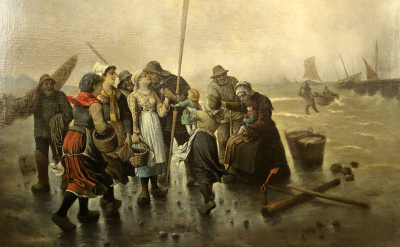 Fr. Noville (19th C) Large Oil On Canvas "Return Of The Fishermen"