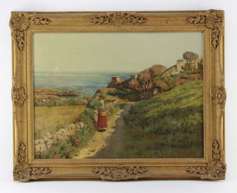 Frederick Swinnerton, British (19th century) Oil on canvas "Women In A Coastal Landscape"