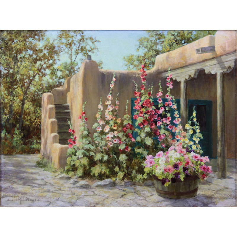 Grant Macdonald, American  (b.1944) Oil on canvas "Hollyhocks and Petunias" 