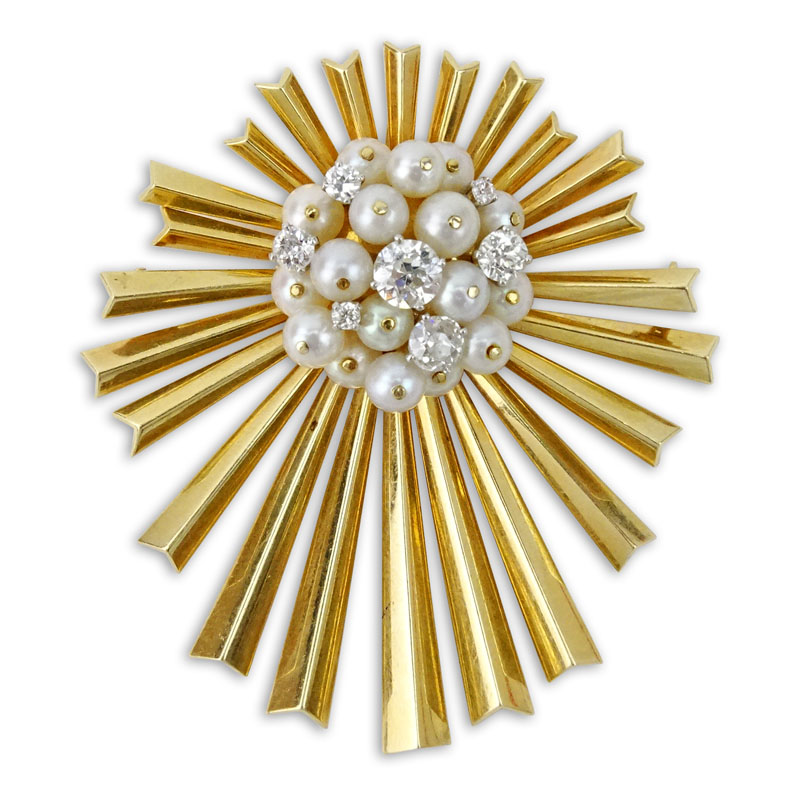 1.50 Carat European Cut Diamond, Pearls and 14 Karat Yellow Gold Sunburst Pendant/Brooch. 