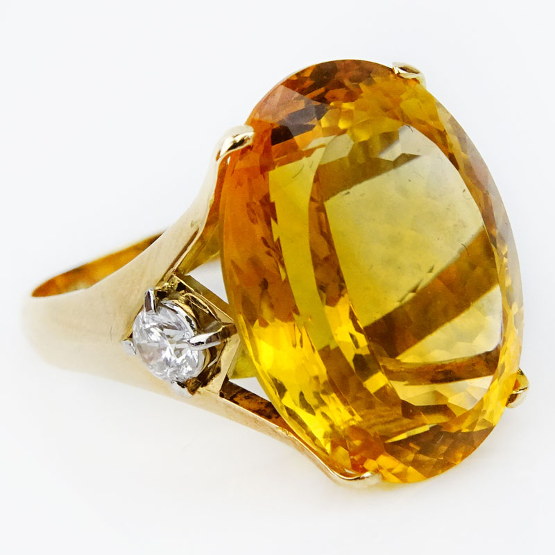 Large Oval Cut Citrine, Diamond and 18 Karat Yellow Gold Ring