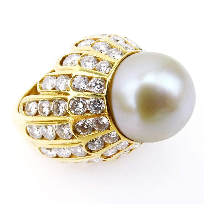 14mm South Sea White Pearl, approx. 7.0 Carat Round Brilliant Cut Diamond and 14 Karat Yellow Gold Ring. 