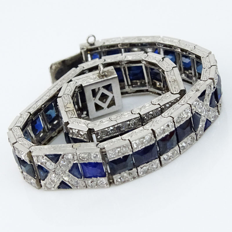 Circa 1920 Art Deco French Cut Sapphire, Old European Cut Diamond and Platinum Bracelet