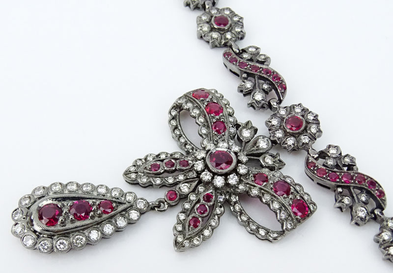 Antique Style Ruby, Diamond and 18 Karat Blackened White Gold Pendant (detachable) Necklace