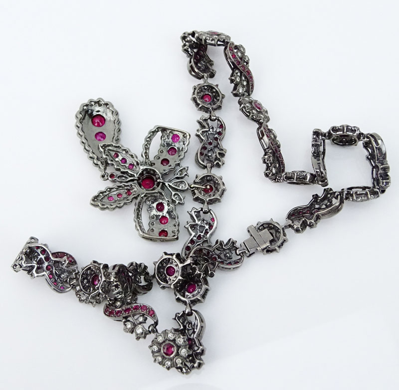 Antique Style Ruby, Diamond and 18 Karat Blackened White Gold Pendant (detachable) Necklace