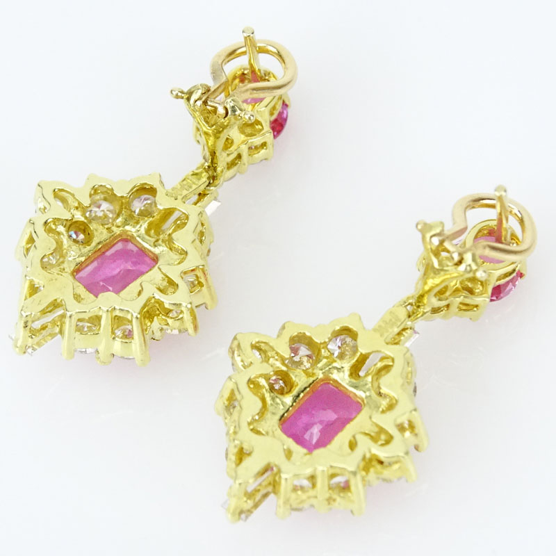 AGL Certified 4.45 and 4.10 Carat Cushion Cut Pink Sapphire, 4.0 Carat Diamond and 14 Karat Yellow Gold Earrings