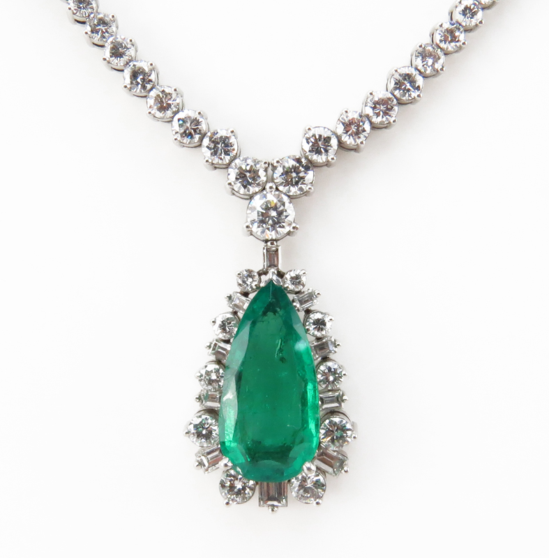 AGL Certified 7.34 Carat Pear Shape Colombian Emerald, 13.75 Carat Diamond and Platinum Pendant Necklace