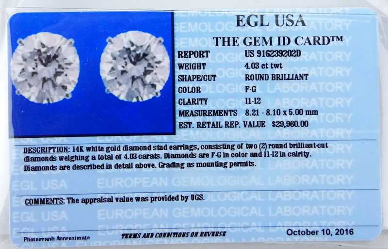 UGS Certified 4.03 Carat TW Round Brilliant Cut Diamond and 14 Karat White Gold Ear Studs