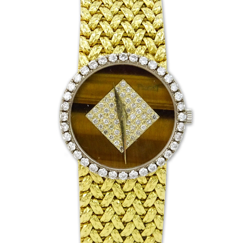Lady's Vintage Piaget 18 Karat Yellow Gold, Diamond and Tigereye Bracelet Watch with Automatic Movement