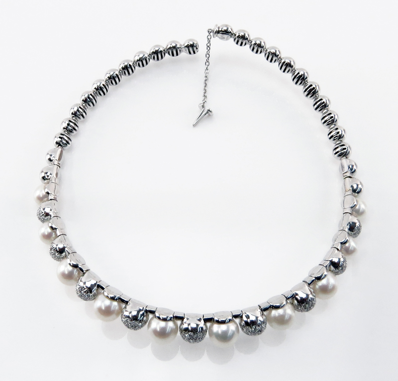 Stefan Hafner Micro Pave Set Diamond, Pearl and 18 Karat White Gold Flexible Choker Necklace
