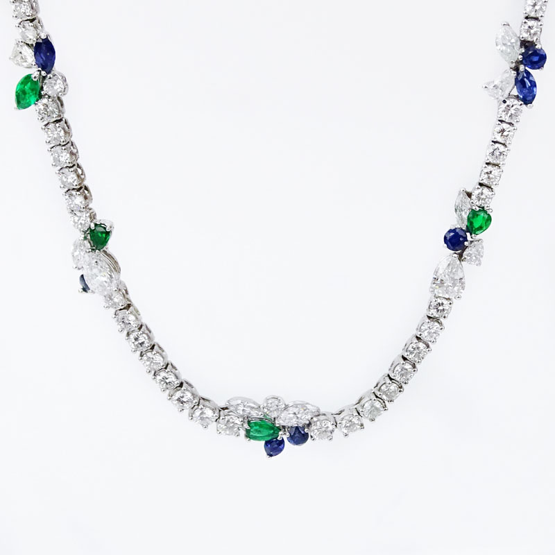 Approx. 14.0 Carat Pear Shape, Marquise Cut and Round Brilliant Cut Diamond, 3.08 Carat Emerald and Sapphire and 18 Karat White Gold Necklace. 