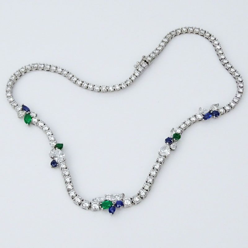 Approx. 14.0 Carat Pear Shape, Marquise Cut and Round Brilliant Cut Diamond, 3.08 Carat Emerald and Sapphire and 18 Karat White Gold Necklace. 