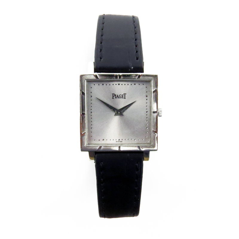 Man's Piaget 18 Karat White Gold Square Case Watch with Crocodile Strap and 18K Gold Buckle