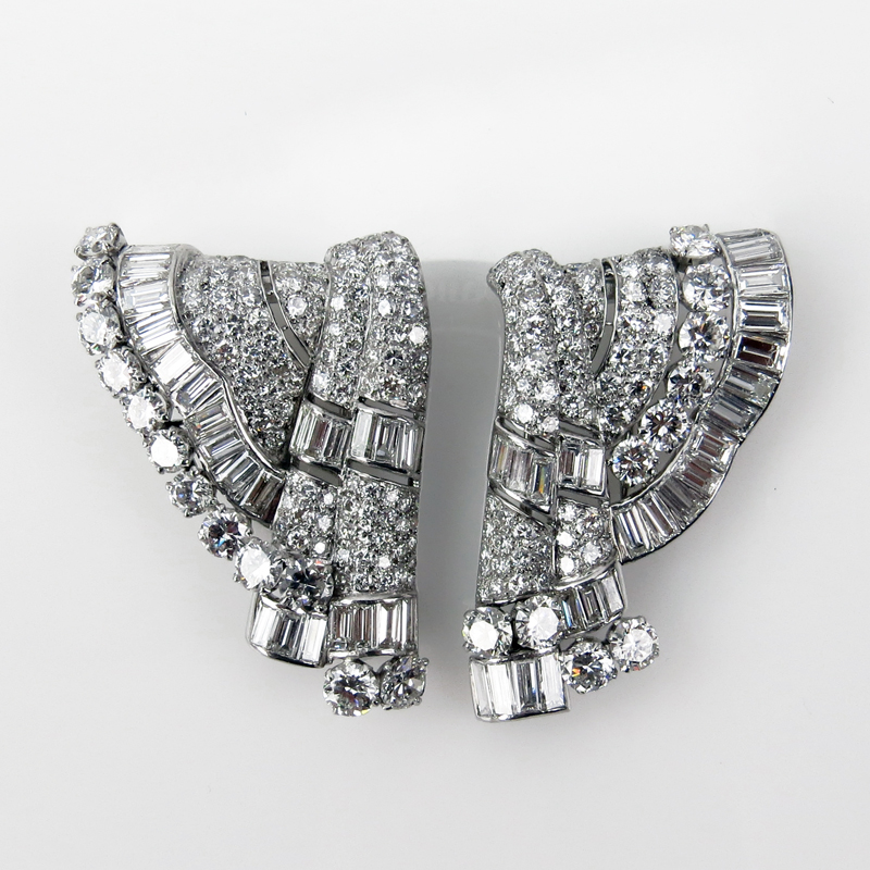 Art Deco Approx. 25.0 Carat Round Brilliant and Baguette Cut Diamond and Platinum Double Clip Brooch