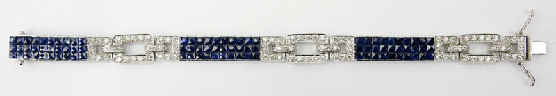 Art Deco Diamond, Invisible Set Sapphire and 18 Karat White Gold Bracelet