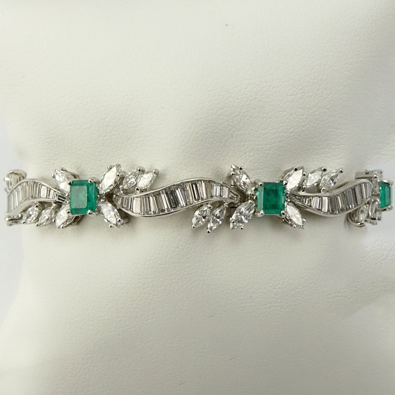 Circa 1950s Approx. 10.0 Carat TW Marquise and Baguette Cut Diamond, 3.50 Carat 3.50 carat Rectangular Cut Emerald and Platinum Bracelet. 