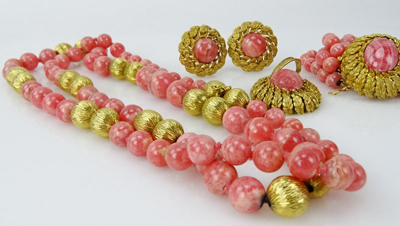 Circa 1970s Rhodocrosite Bead and 14 Karat Yellow Gold Suite Including Necklace, Detachable Pendant, Bracelet and Earrings