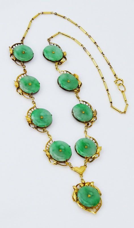 Circa 1950s Jadeite Jade and 18 Karat Yellow Gold Necklace