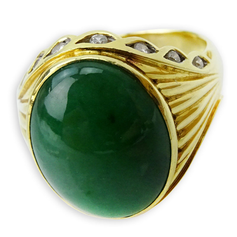 Man's Circa 1950s Cabochon Jade and 18 Karat Yellow Gold Ring with small diamond accents