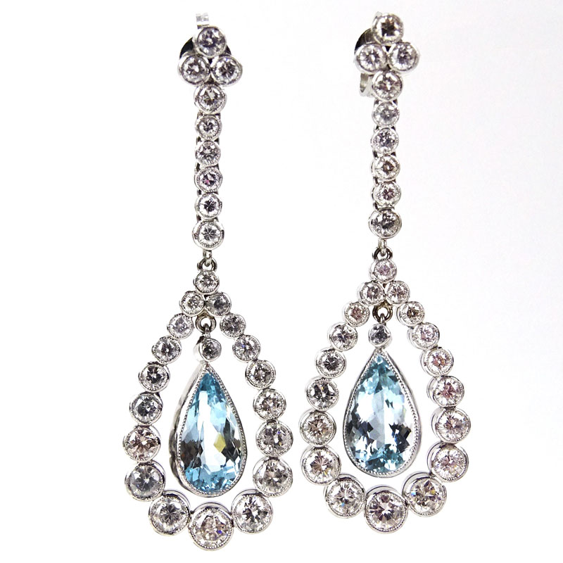 Vintage Diamond, Pear Shape Aquamarine and Platinum Pendant Earrings