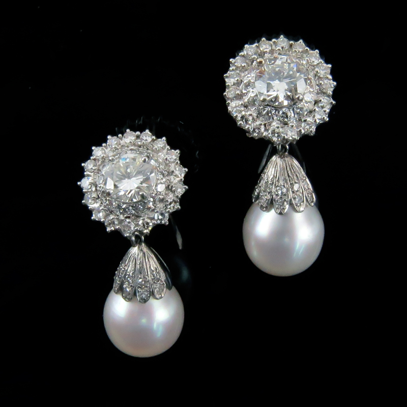 Vintage Pair of Approx. .92 Carat and .88 Carat Round Brilliant Cut Diamond, 11mm Pearl and 14 karat White Gold Earrings