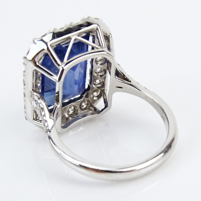 PGS Certified 10.32 Carat Rectangular Shape Sapphire, 1.24 Carat Round Brilliant Cut Diamond and 18 Karat White Gold Ring