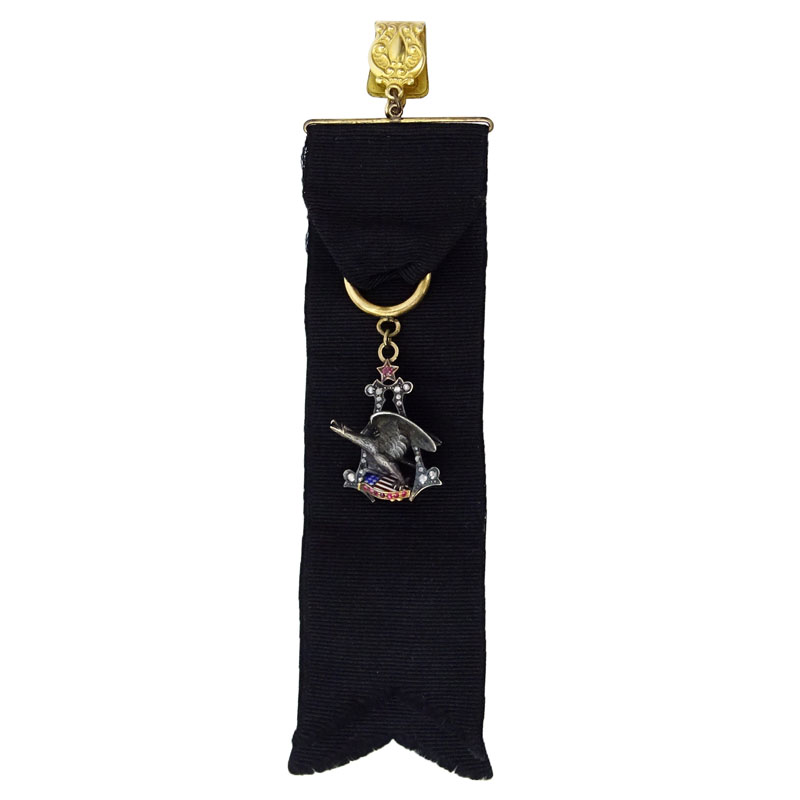 Antique Victorian 14 Karat Yellow Gold and Sterling Silver Anheuser Busch Eagle Fob accented with Rose Cut Diamonds, Ruby and Enamel, suspended on silk ribbon