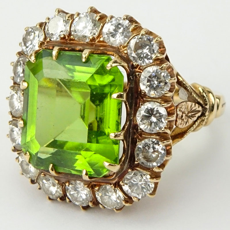 19th Century Victorian Emerald Cut Peridot, Diamond and 14 Karat Yellow Gold Bishop's Ring