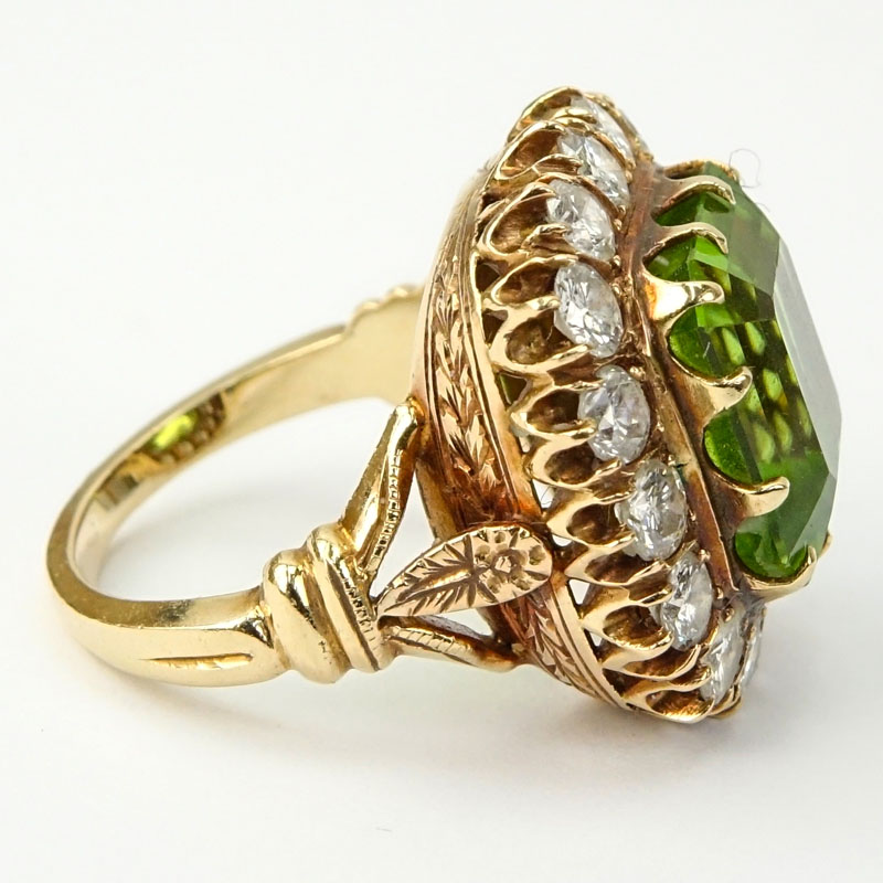 19th Century Victorian Emerald Cut Peridot, Diamond and 14 Karat Yellow Gold Bishop's Ring