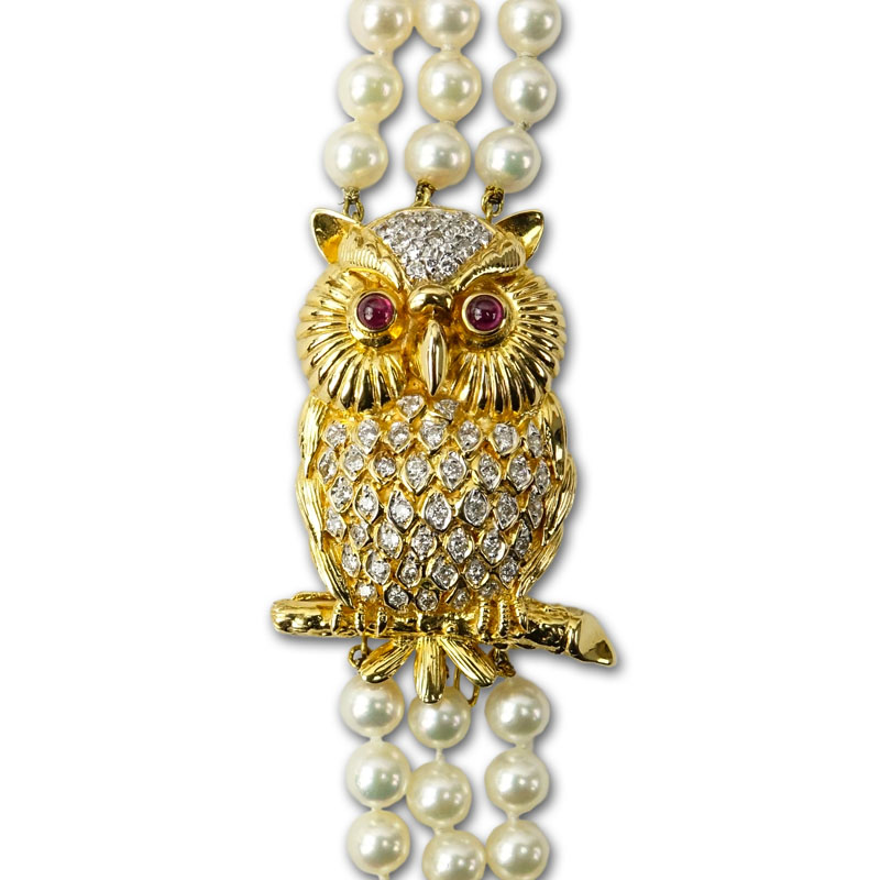 Triple Strand 339 6mm Akoya Pearl Necklace with Removable 18 Karat Yellow Gold, 2.0 Carat Round Brilliant Cut Diamond Owl Brooch/Clasp