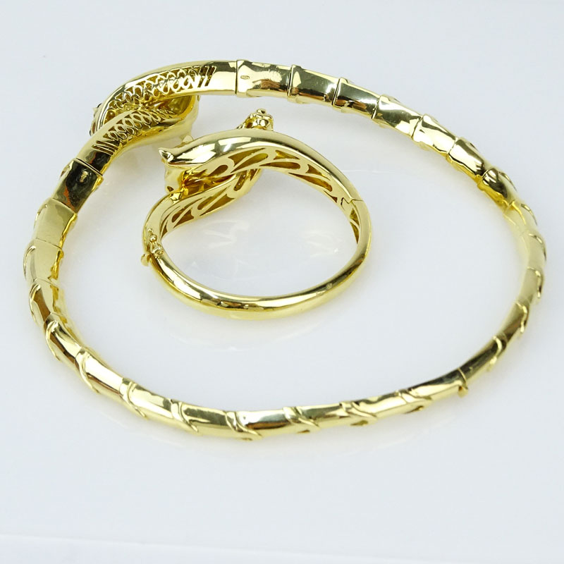 Cartier style Heavy 18 Karat Yellow Gold Panther Necklace and Hinged Bangle Bracelet Suite accented throughout with Approx