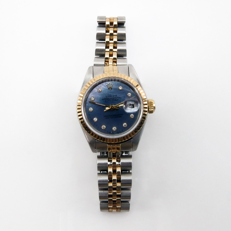 Lady's Rolex DateJust Two Tone Stainless Steel and 14 Karat Yellow Gold Automatic Movement Watch with Mother of Pearl Dial and Diamond Hour Markers