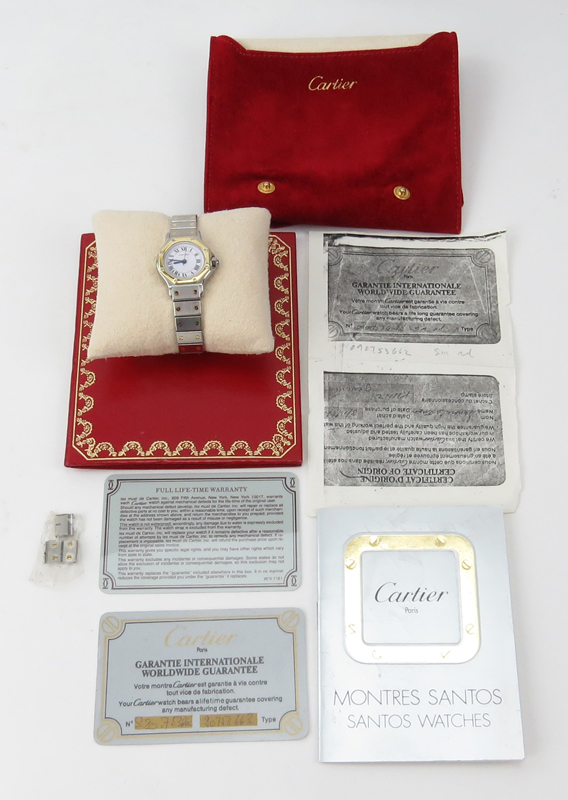 Lady's Vintage Cartier Santos Octagonal Two Tone Stainless Steel and 18 Karat Yellow Gold Automatic Movement Watch