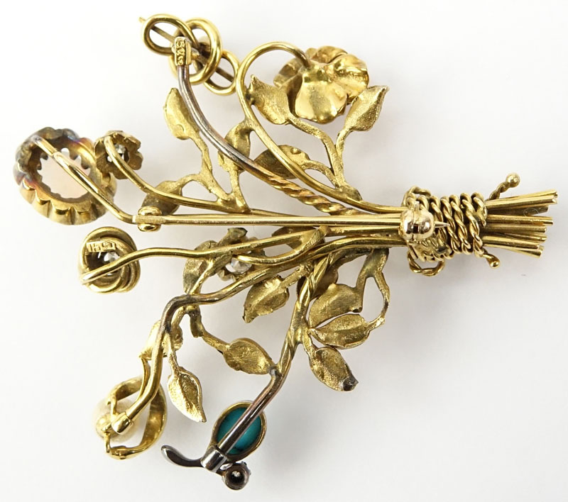 Vintage 15 Karat Yellow Gold, Diamond and Multi Stone Stick Pin Brooch