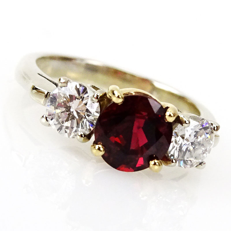 Vintage Approx. 1.99 Carat Round Brilliant Cut Ruby, .90 Carat Round Brilliant Cut Diamond and 18 Karat Yellow and White Gold Ring