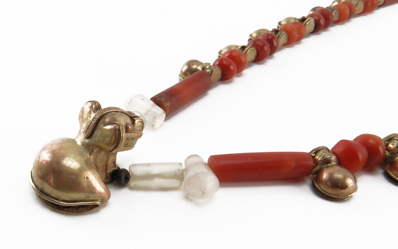 Pre-Colombian Carnelian and Quartz Beaded Necklace with Pre-Colombian Gold Figural Beads with "Jaguar" Pendant