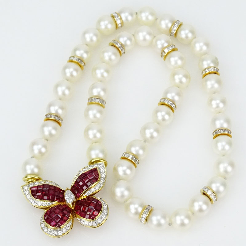 Vintage White Pearl, Approx. 5.75 Carat Round Cut Diamond, 4.25 Carat Invisible Set Square Cut Ruby and 18 Karat Yellow Gold Necklace